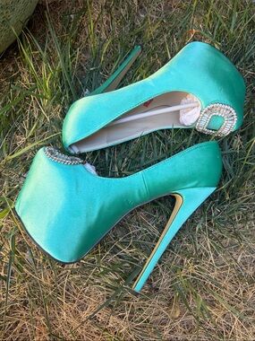 Women's Teal Satin Platform High Heels with Crystal Buckle